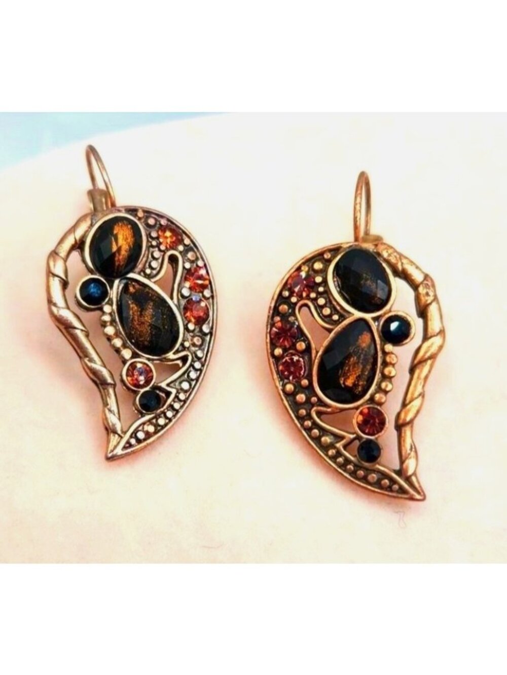 Vintage Gold-Tone Paisley Earrings With Amber & Navy Rhinestones
